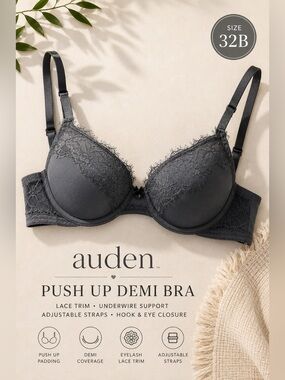 Auden Gray Lace Push Up Demi Coverage Underwire Bra 32B NWOT